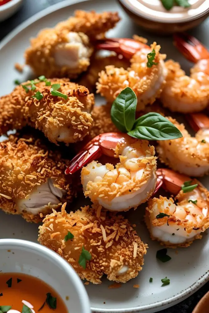Air-fried shrimp with golden panko coating on a serving platter