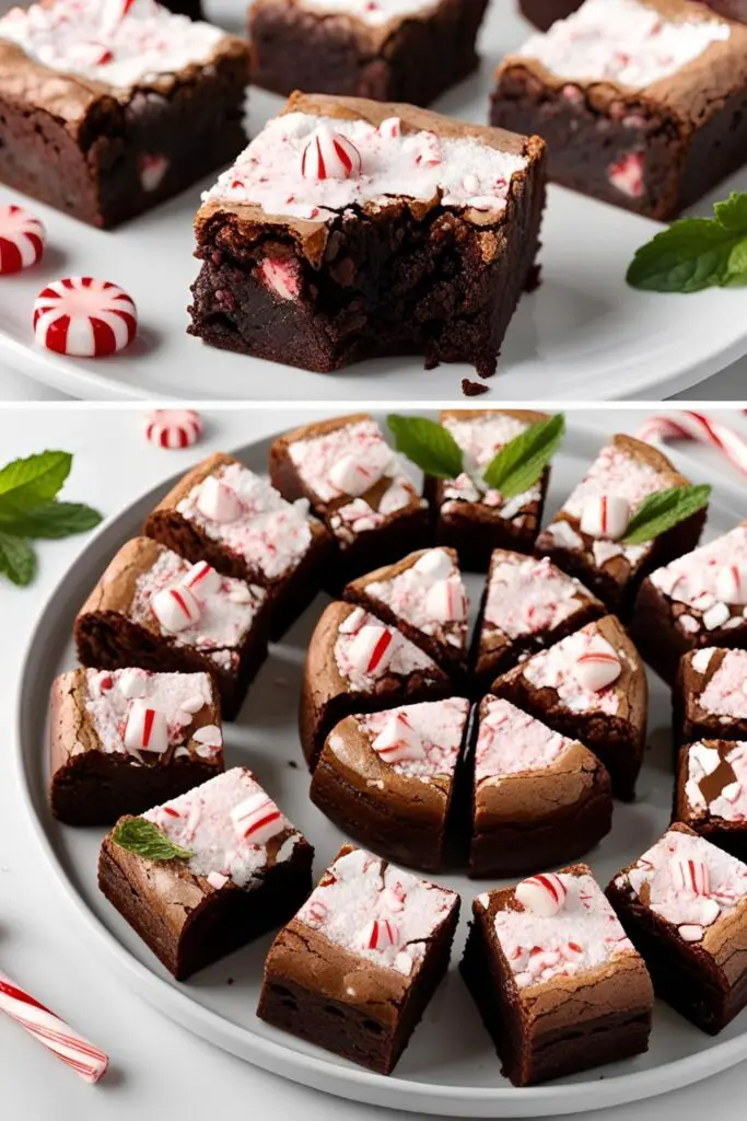 Close-up of gooey peppermint brownies on a cooling rack, with crushed peppermint scattered around and a glass of milk beside them.