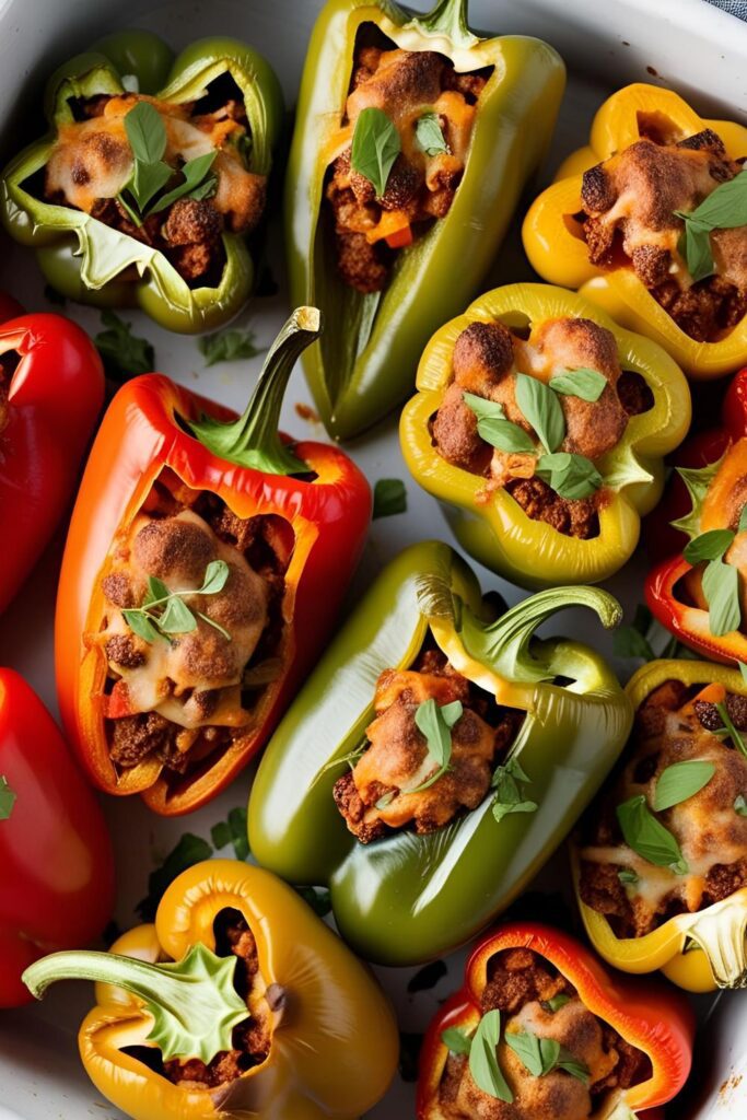 "Assorted stuffed peppers in a baking dish, topped with melted cheese and fresh herbs."