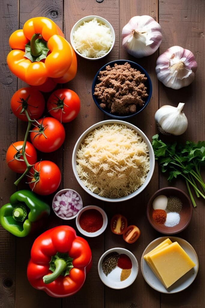 "Close-up of a stuffed pepper cut open, revealing the savory meat and rice filling."