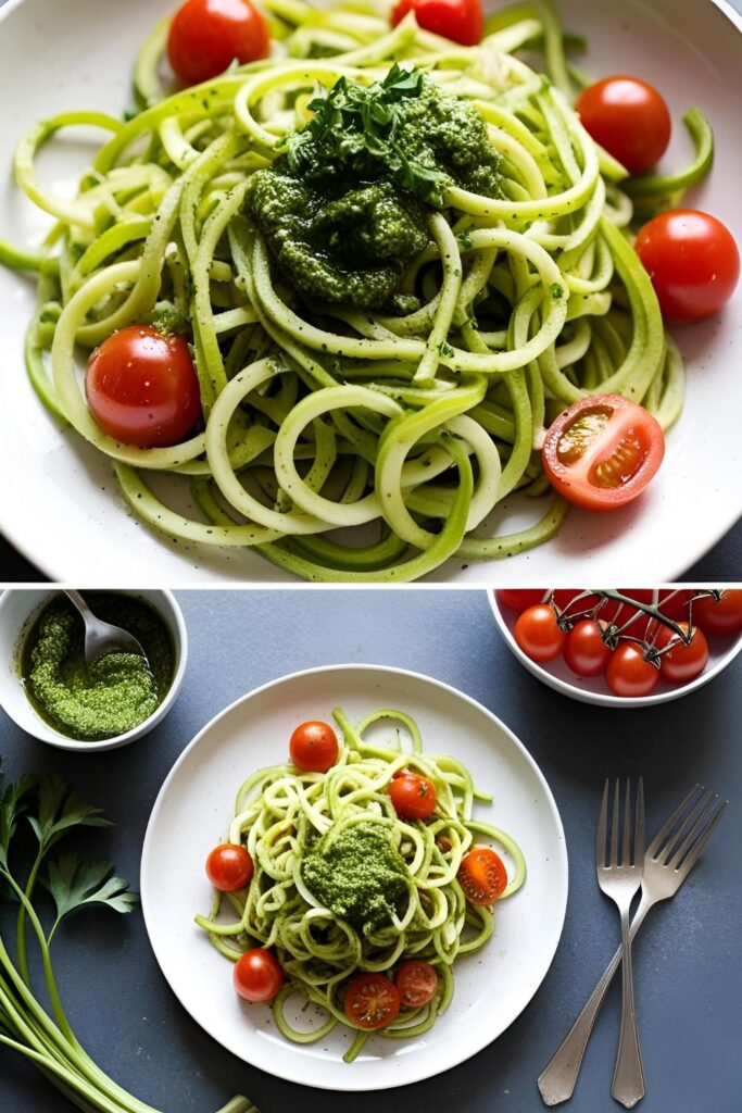  Plate of creamy Alfredo kohlrabi noodles sprinkled with parsley.