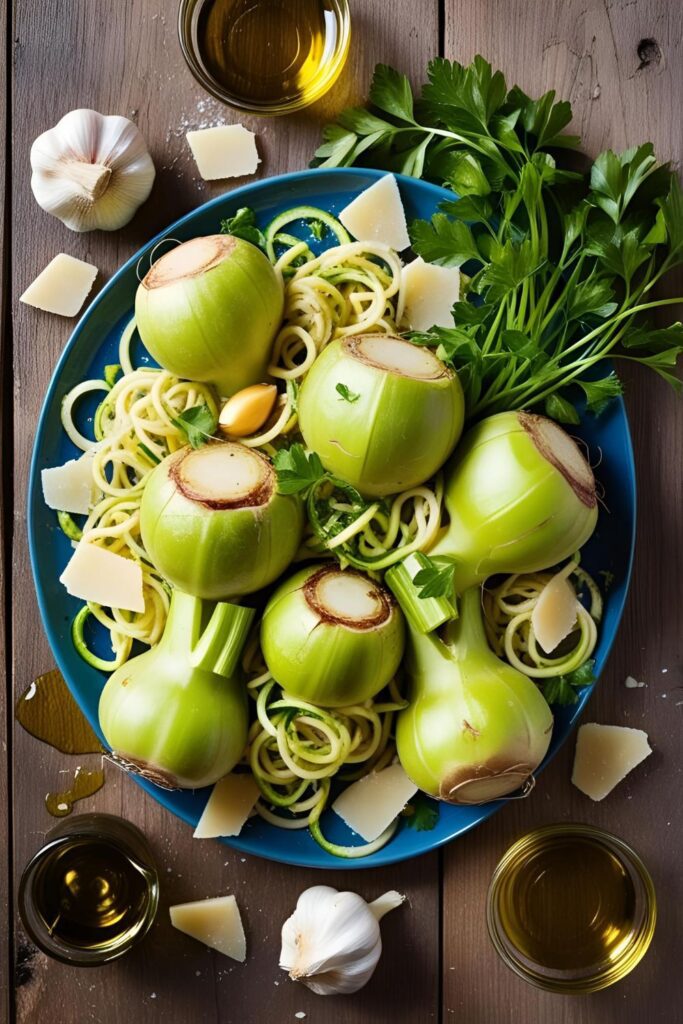 Close-up of a kohlrabi noodle salad with herbs and Parmesan.