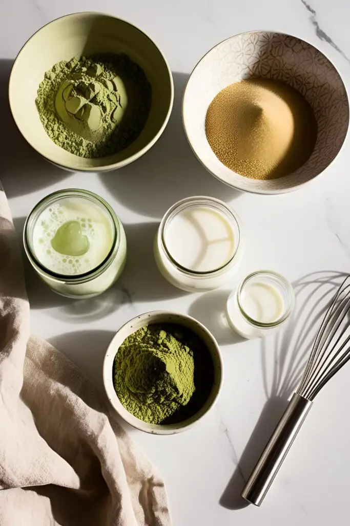  Close-up of Whipped Matcha Dalgona showcasing the fluffy green foam over a glass of milk, with matcha powder sprinkled on top.