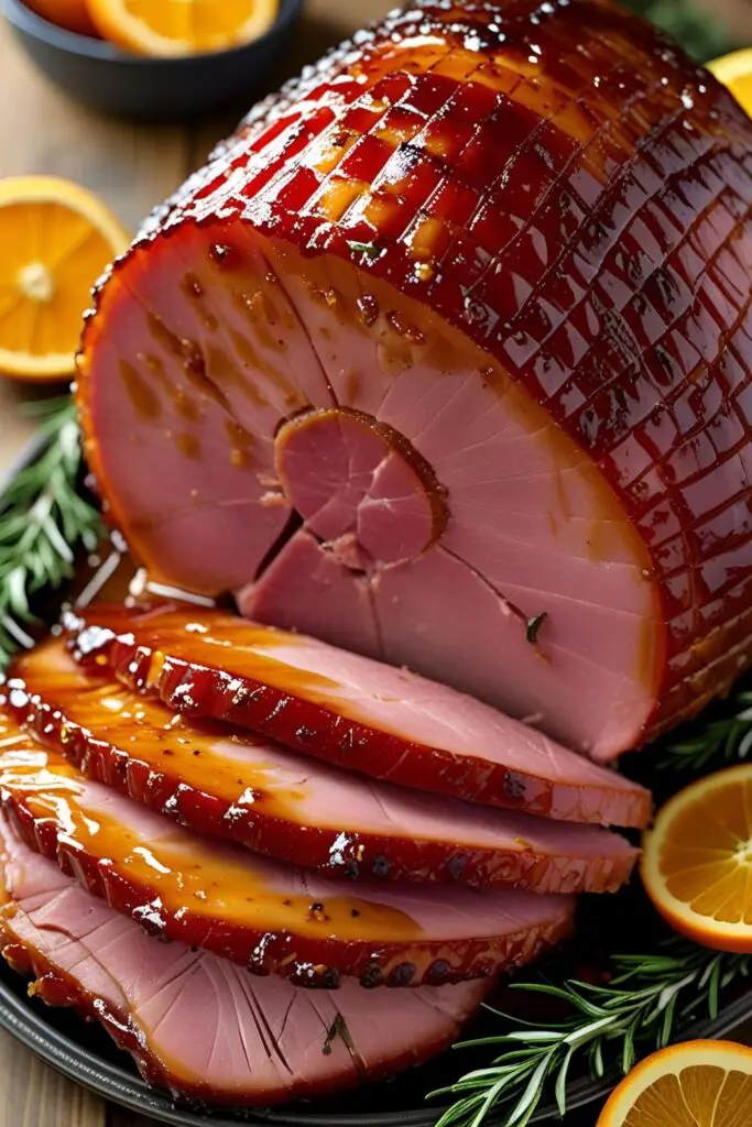  Whole whiskey-glazed ham on a serving platter, surrounded by festive garnishes.
