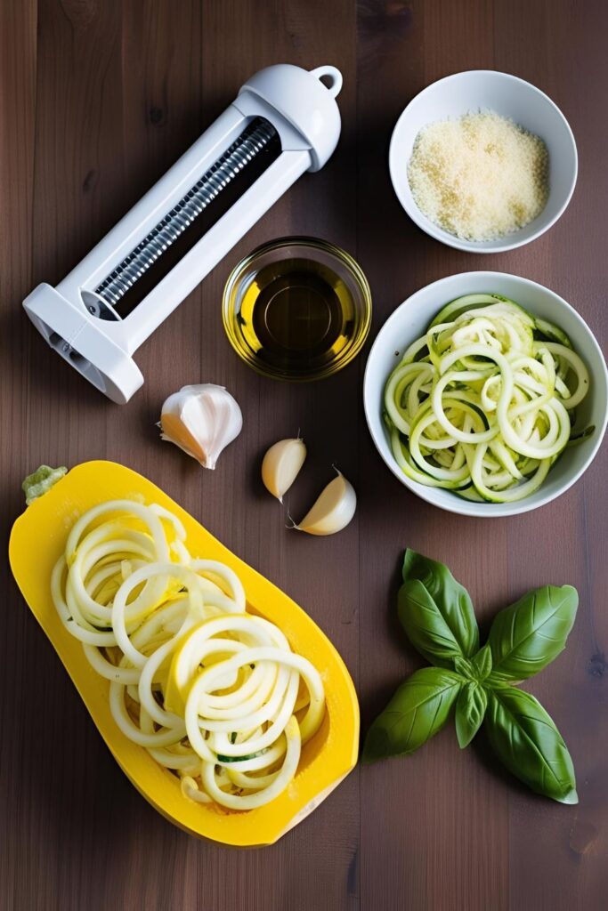 Close-up of pesto-tossed yellow squash noodles with cherry tomatoes