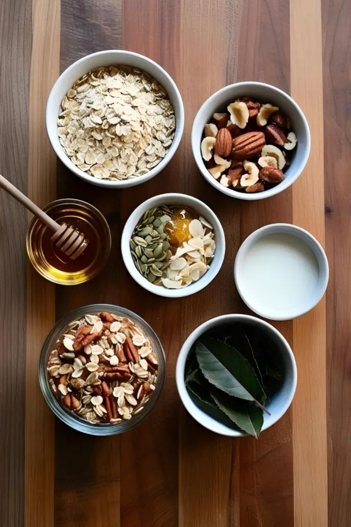 Close-up of crunchy yerba mate granola clusters on a baking sheet.