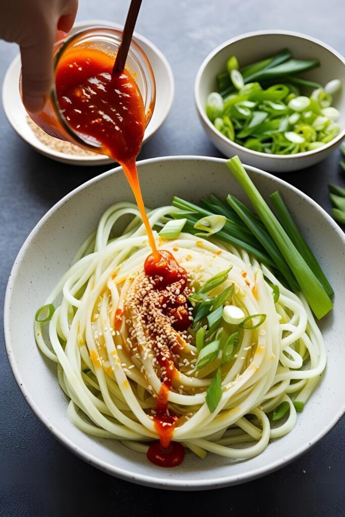  Spicy daikon noodles drizzled with sriracha and sprinkled with red pepper flakes.