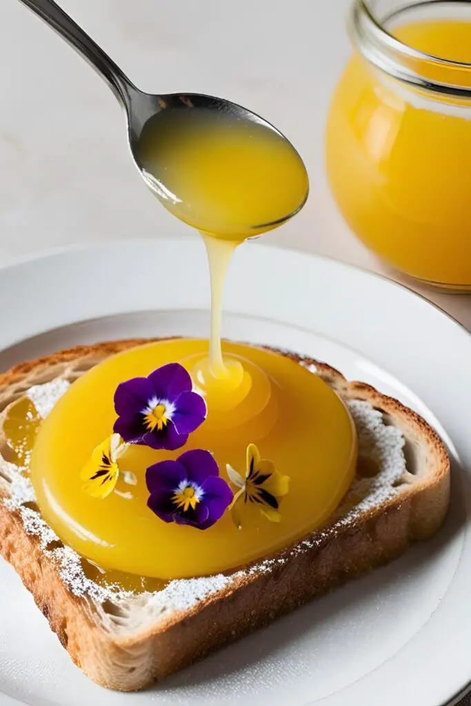 A tart filled with bergamot curd, garnished with edible flowers.