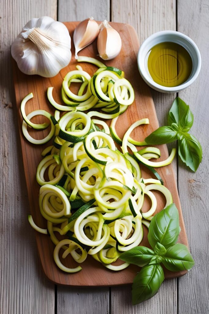 Spiralized zucchini noodles served with garlic and olive oil.