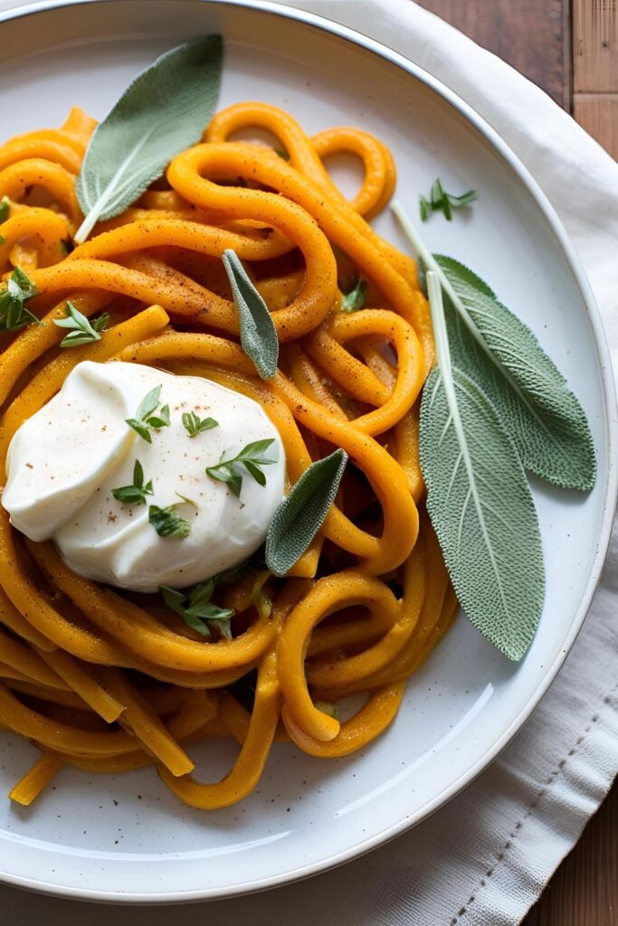 Spicy pumpkin noodles garnished with red pepper flakes and herbs.