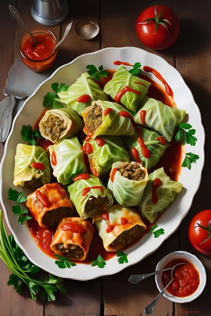 A close-up of a stuffed cabbage roll sliced open to reveal the meat and rice filling, with tomato sauce dripping over the top and fresh parsley sprinkled around.