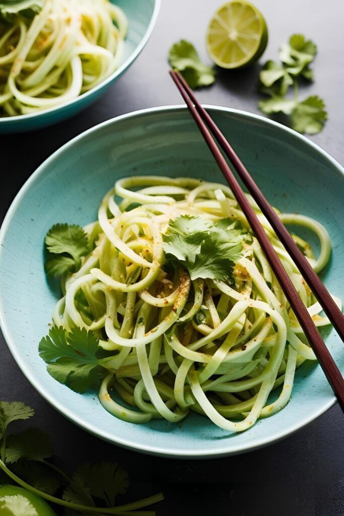  Close-up of jicama noodles tossed with lime juice and garnished with chopped cilantro.
