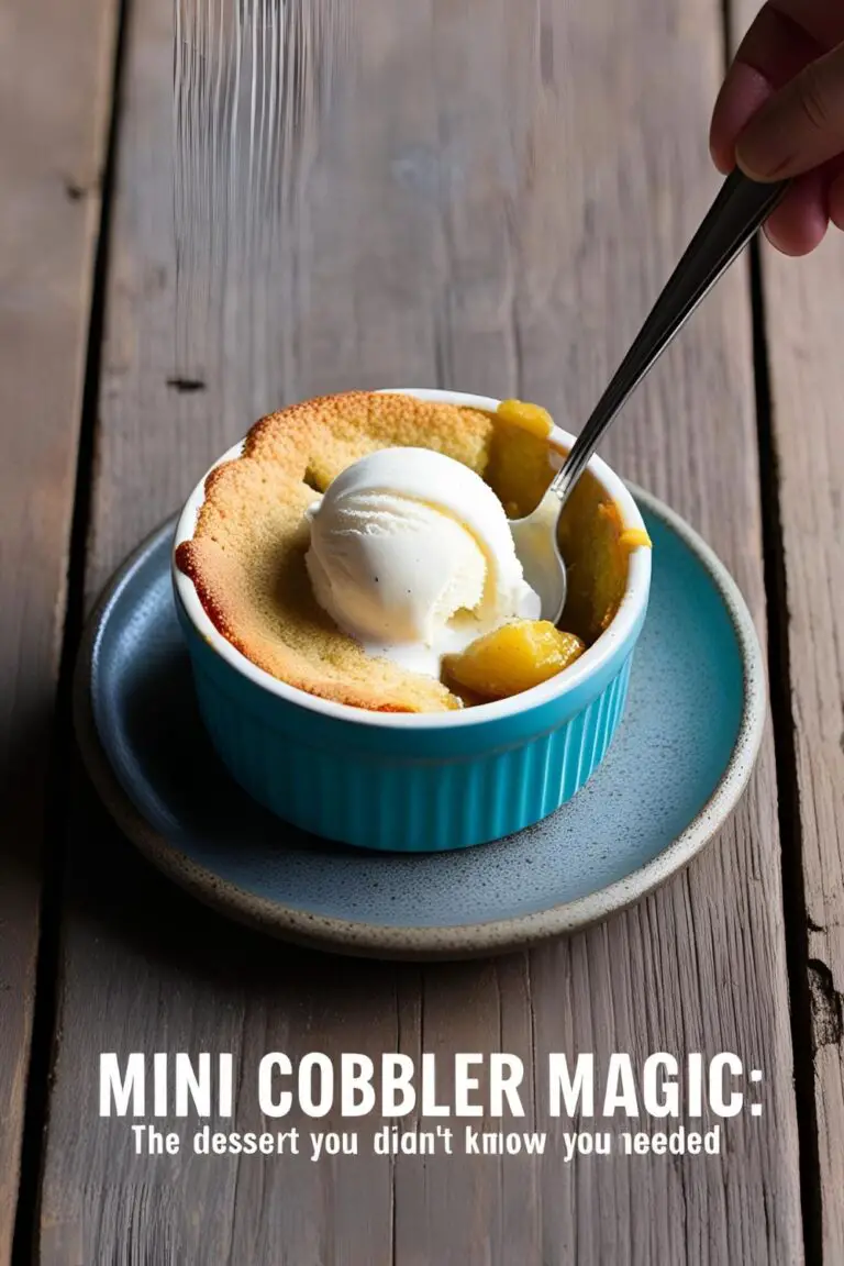 A single-serving mini cobbler in a ramekin with a scoop of vanilla ice cream on top
