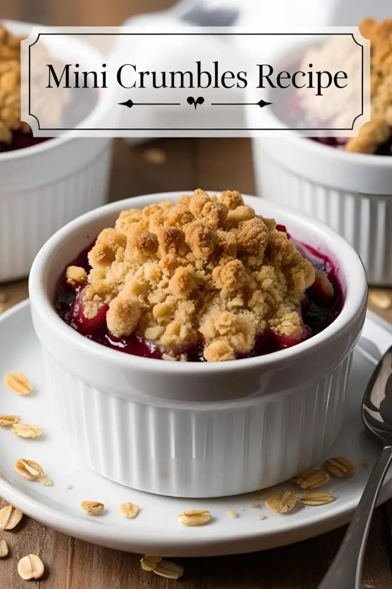 Mini crumbles dessert served in white ramekins with golden oat topping.