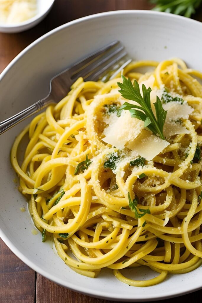 A plate of parsnip noodles mixed with sautéed vegetables and sprinkled with grated cheese.