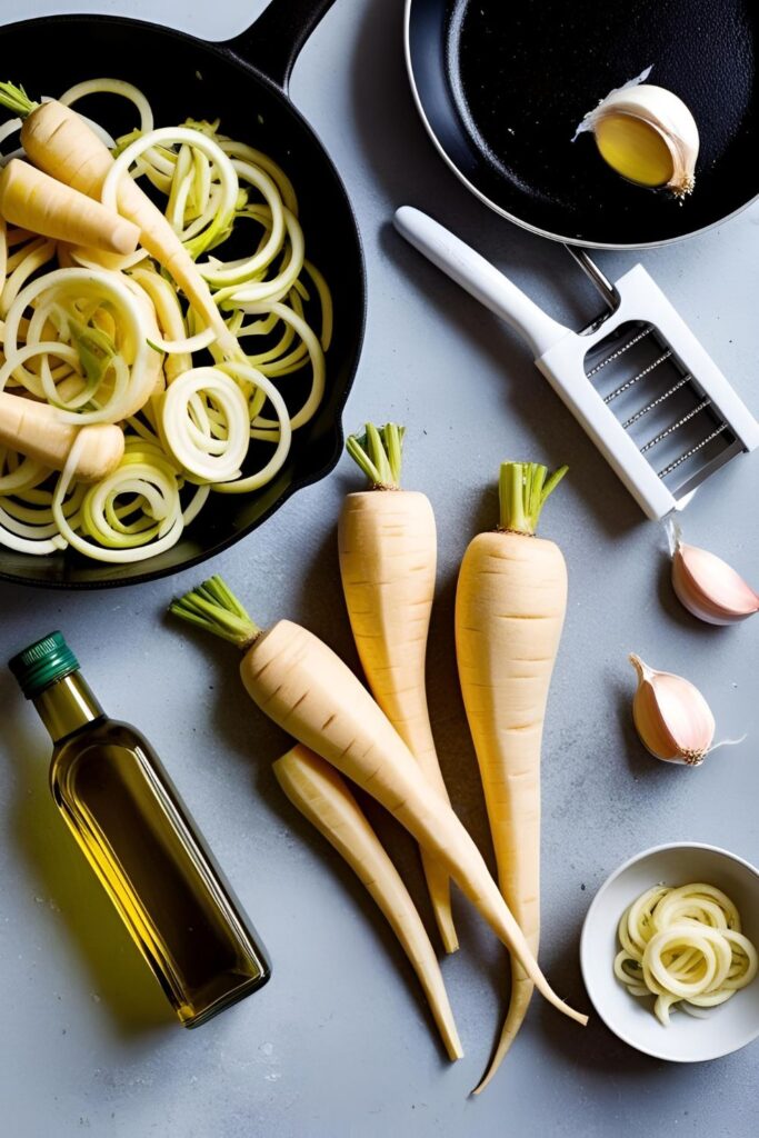 Close-up of sautéed parsnip noodles garnished with chopped parsley and red pepper flakes.