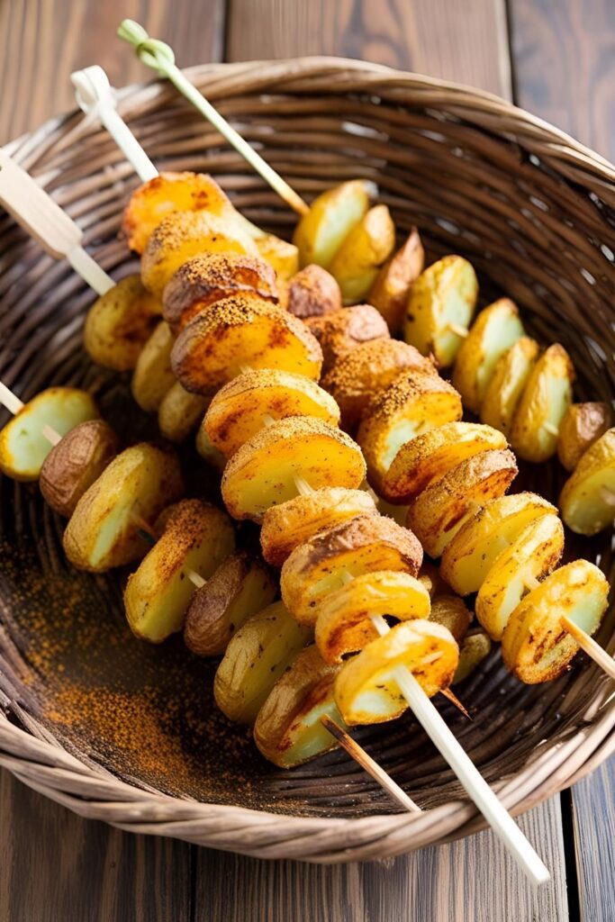 "Close-up of garlic-spiced potato spiral on a fork."