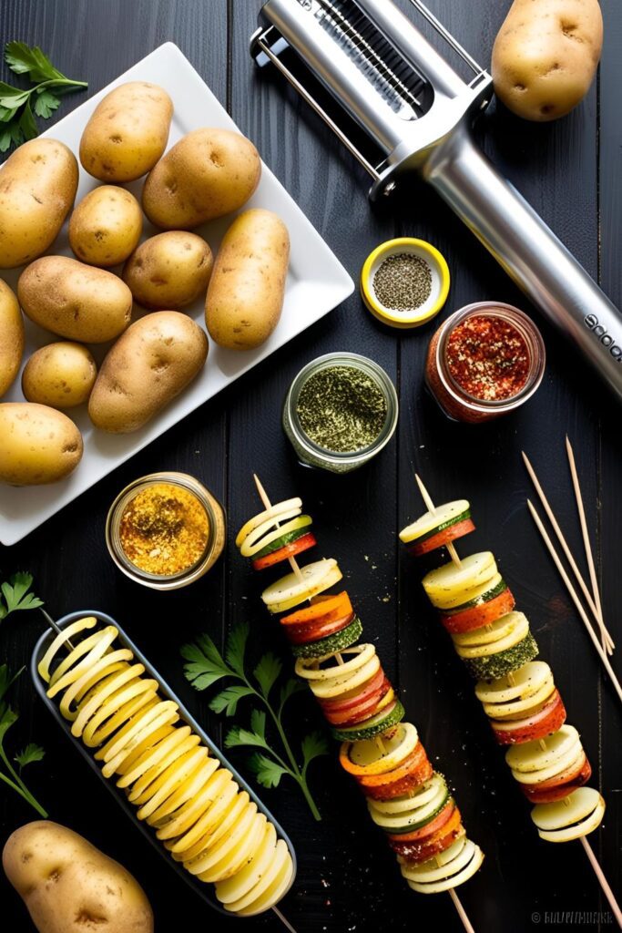 "Rustic basket filled with seasoned potato spiral sticks."