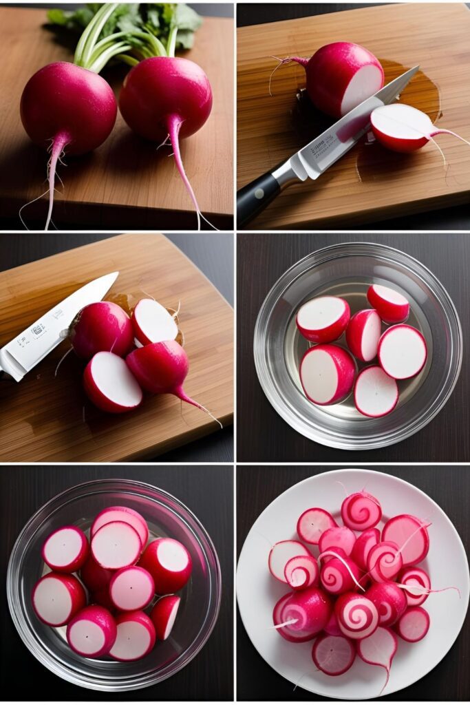 Close-up of radish curls atop a fresh green salad.