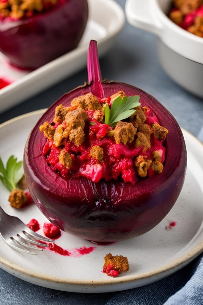 An elegantly presented stuffed beet, garnished with fresh herbs and served on fine dinnerware.