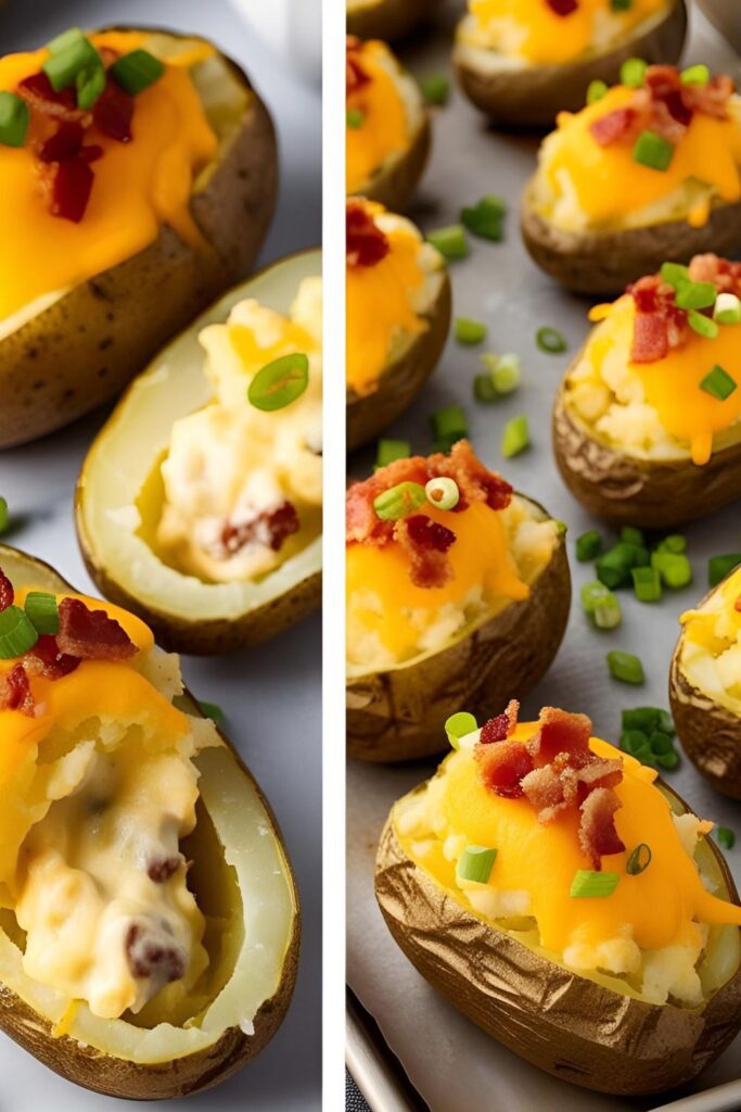 A baking sheet filled with stuffed potatoes, each topped with melted cheese and garnished with chopped green onions.