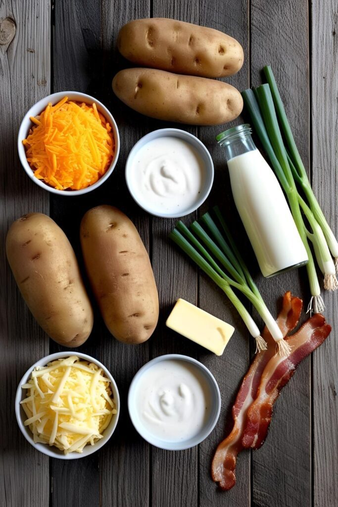  Close-up of a stuffed potato with melted cheese and bacon bits, garnished with green onions.