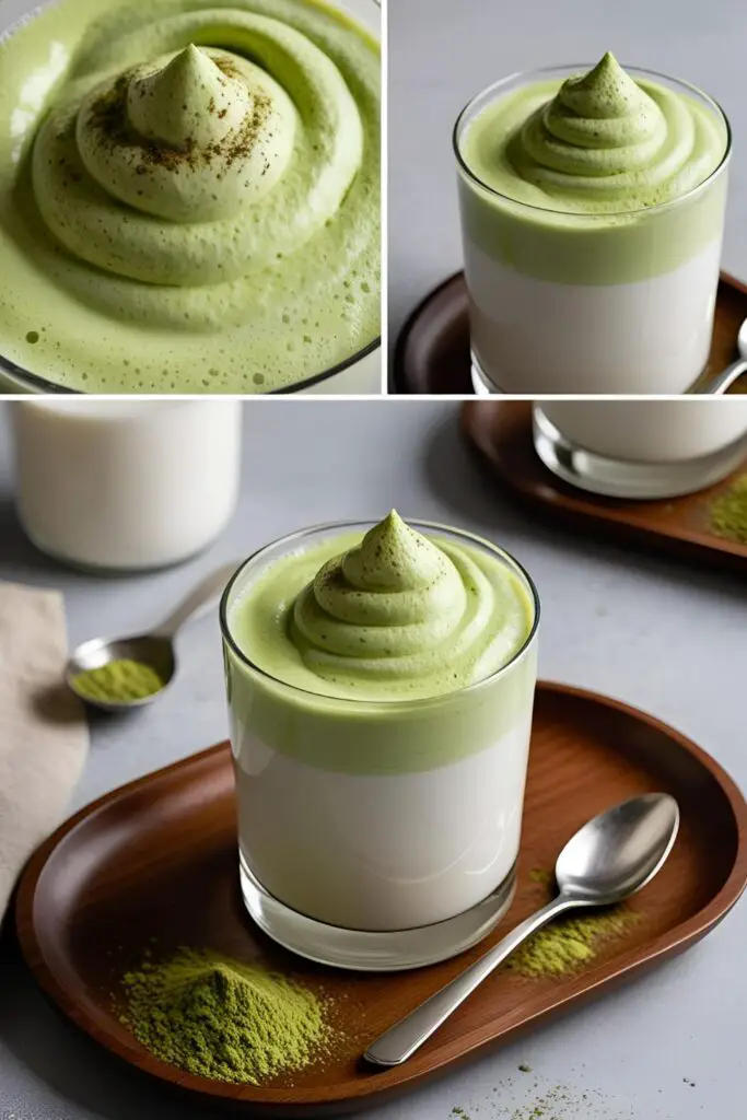  Close-up of Whipped Matcha Dalgona showcasing the fluffy green foam over a glass of milk, with matcha powder sprinkled on top.