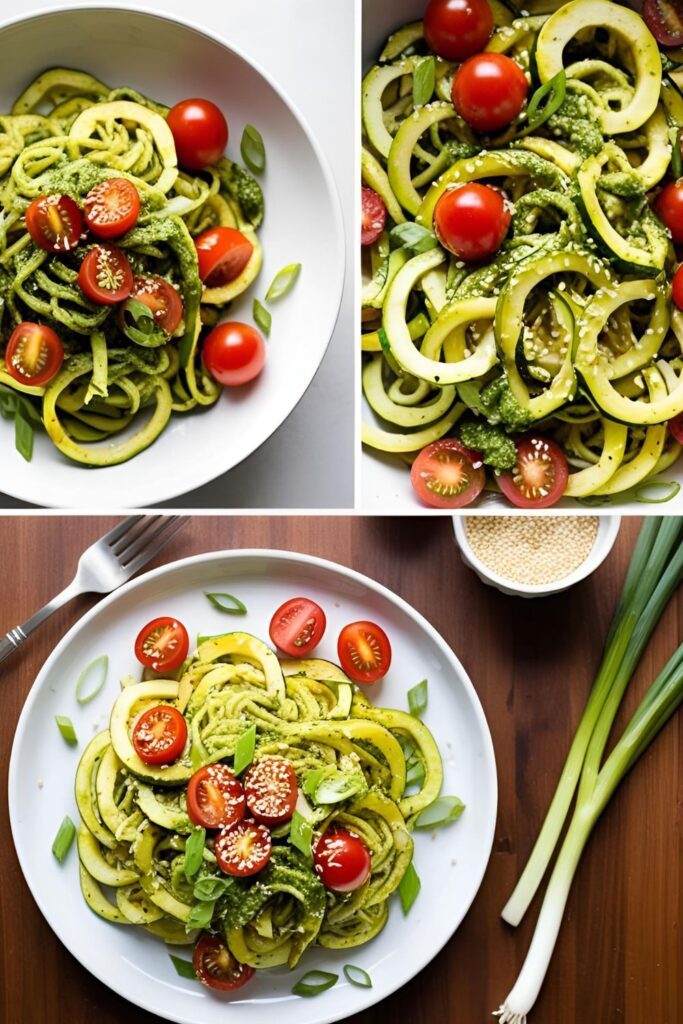 Spicy sesame yellow squash noodles sprinkled with sesame seeds and scallions.