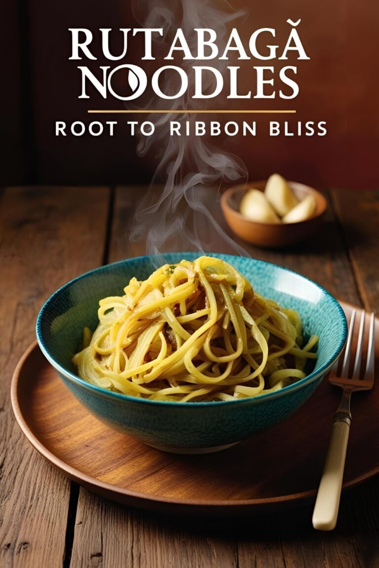Bowl of garlic and oregano rutabaga noodles garnished with Parmesan and parsley