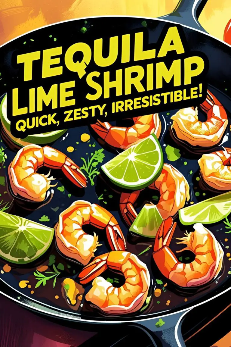 Tequila lime shrimp served in a skillet with lime wedges and cilantro garnish.