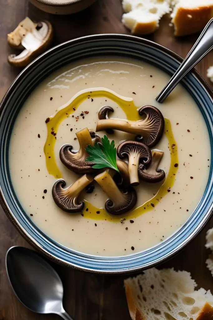 Vegan creamy chanterelle mushroom soup in a rustic bowl