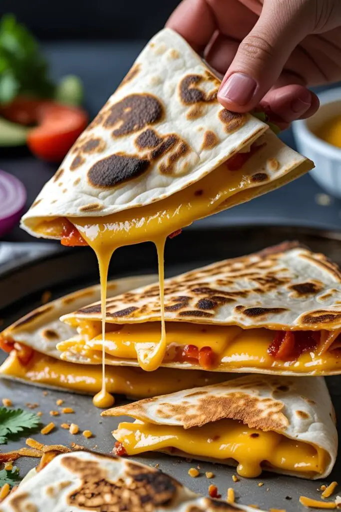 Quesadilla wedge with melted cheese and green garnish