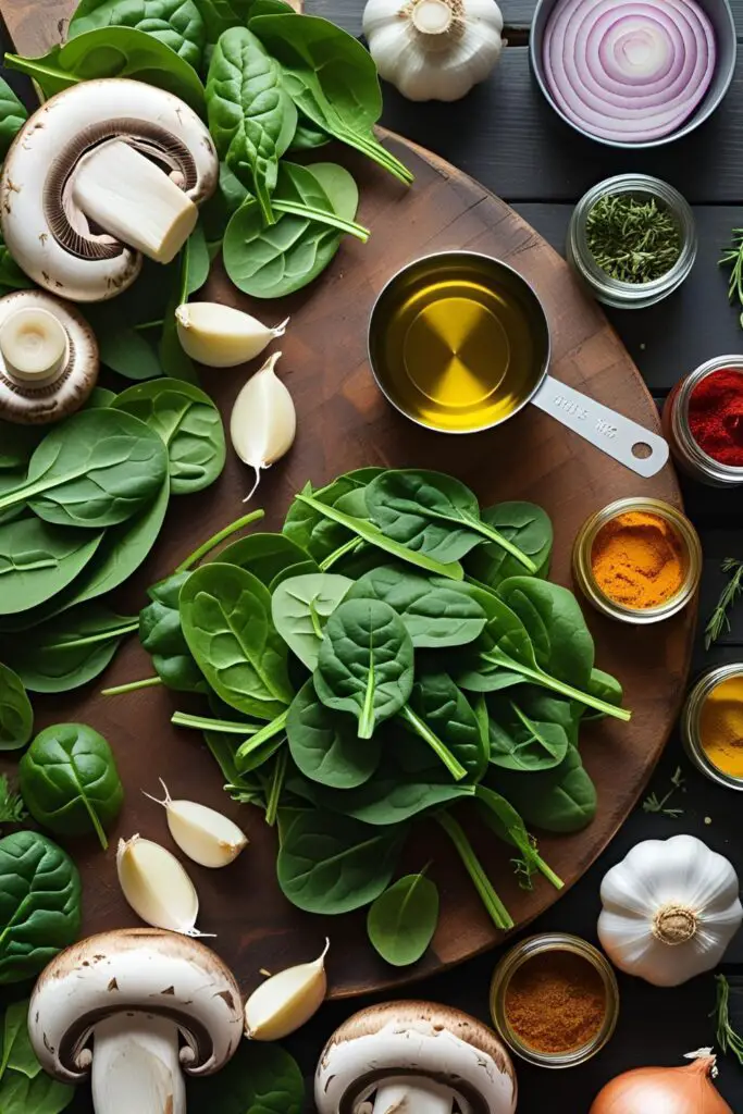 Close‑up of garlic mushrooms and wilted spinach glistening in a pan