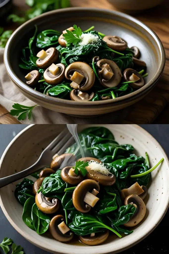 Delicious pan of sautéed mushrooms and spinach ready to serve