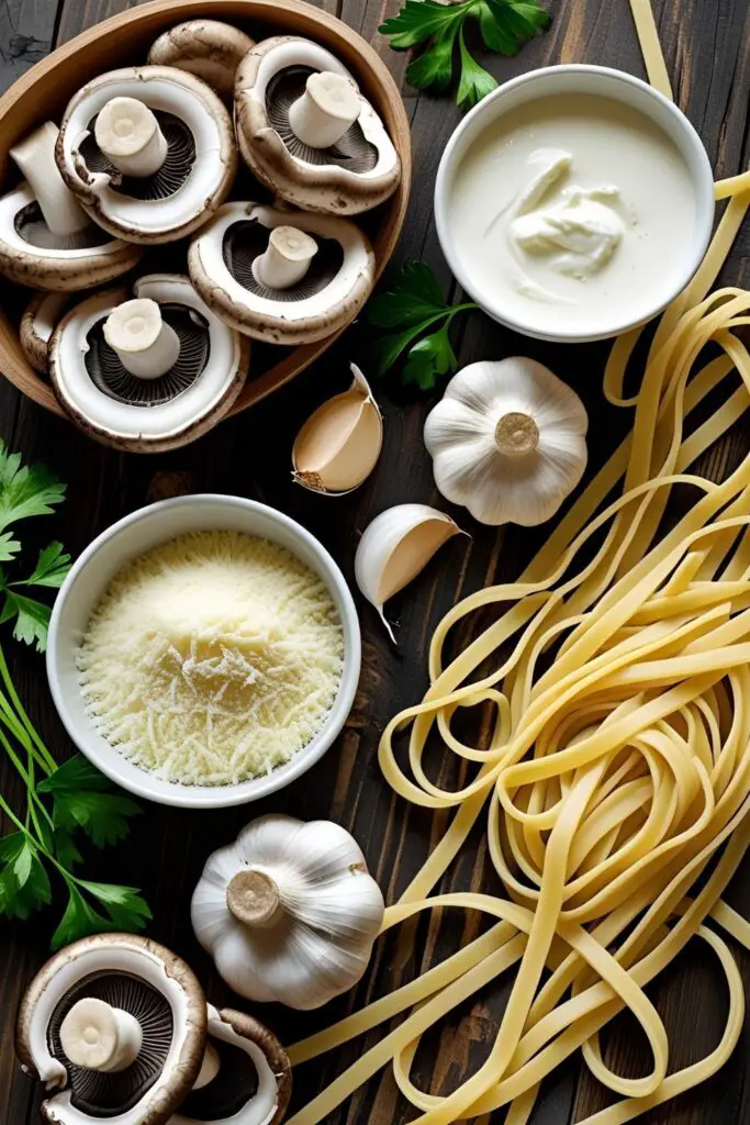 Close-up of creamy oyster mushroom pasta with a fork twirling noodles.