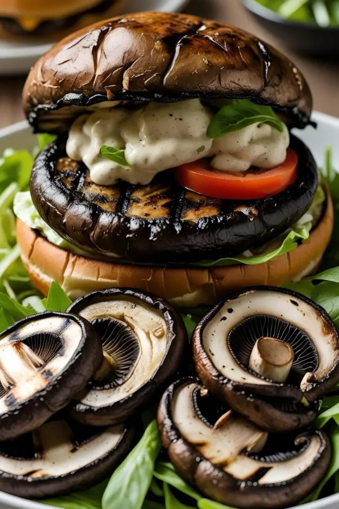Sliced grilled portobello mushrooms served over a fresh green salad.