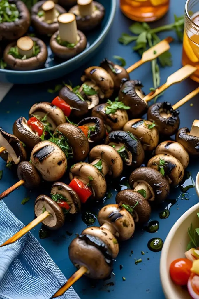  Plate of grilled marinated mushrooms with rustic bread and picnic setup