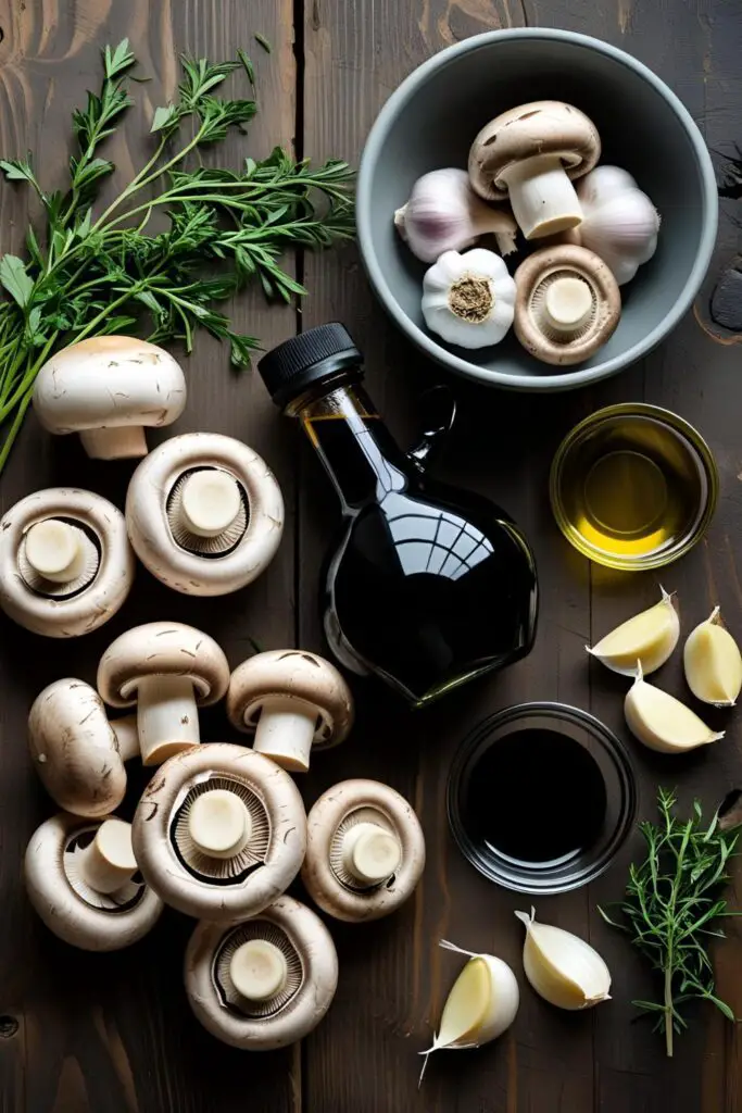 Charred marinated mushrooms served on a platter with dipping sauce and herbs
