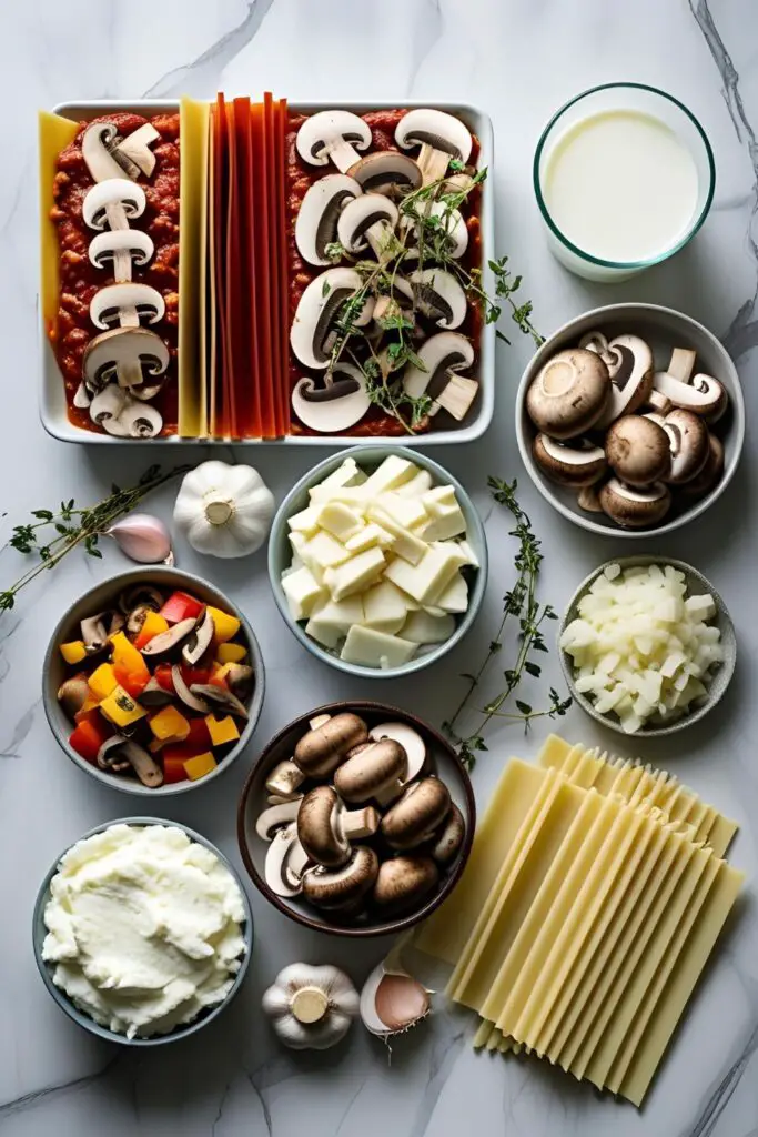 Creamy cheesy mushroom lasagna Italian recipe served golden brown