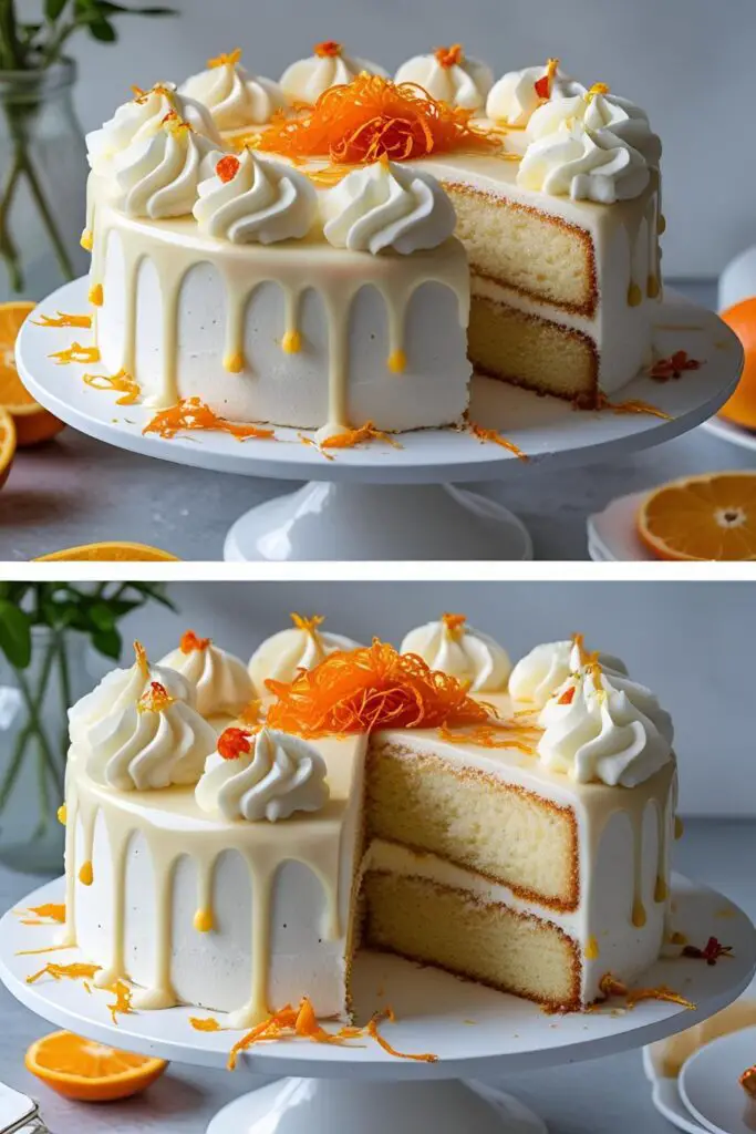 Orange Blossom Cake on a cake stand with a slice cut out, revealing its fluffy interior.