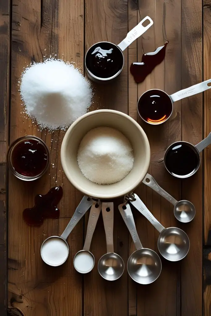 Ingredients for homemade brown sugar laid out on a wooden surface.
