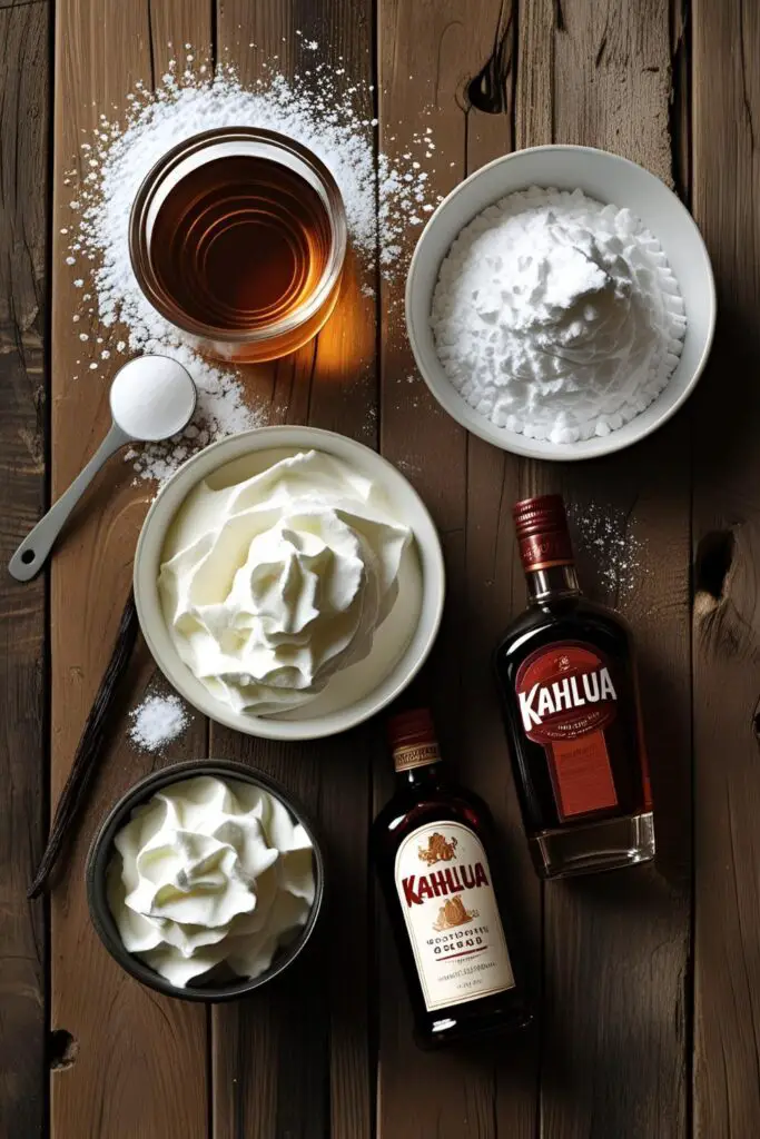 Close-up of boozy whipped cream swirled atop a slice of chocolate cake.