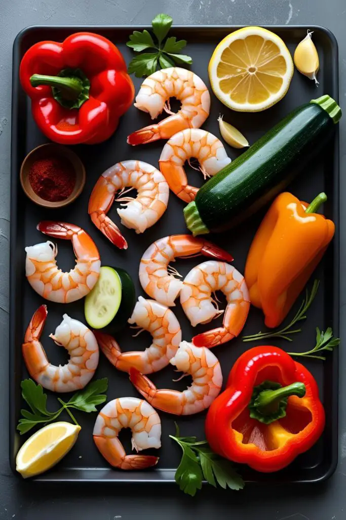 Golden roasted shrimp and vegetables on tray