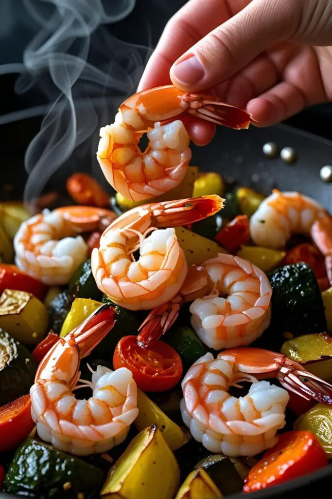 Close-up shrimp nestled with colorful roasted veggies