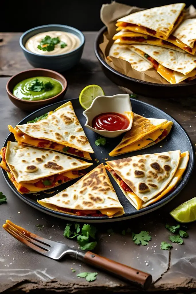 Overhead shot of ingredients and cooked quesadilla spread