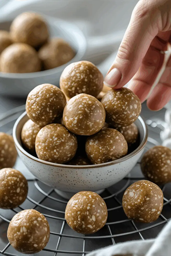No-bake protein energy balls stacked in a bowl with a healthy homemade vibe