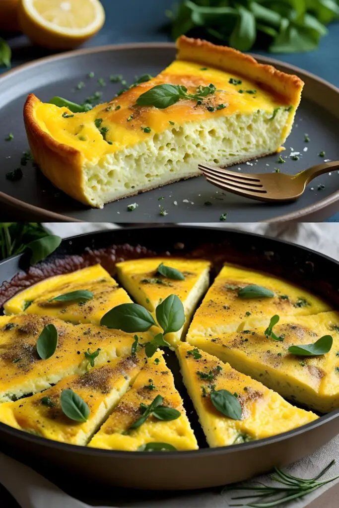 Fluffy frittata slice topped with herbs, served on a white plate beside a fork.