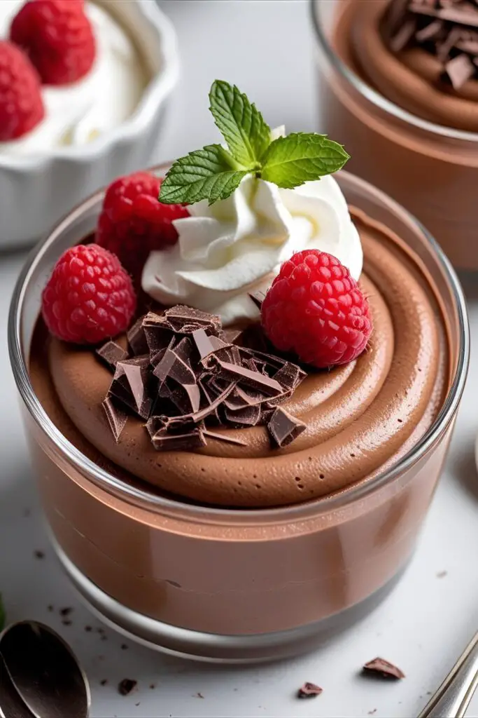 Elegant serving of chocolate mousse in glass with whipped cream topping