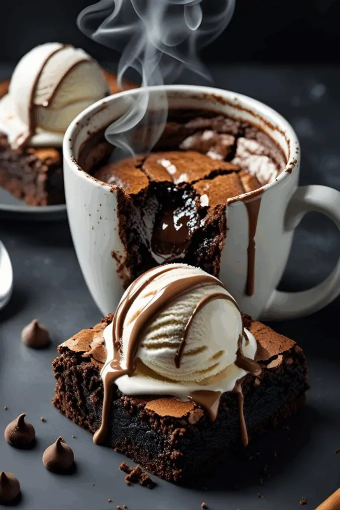 Mug brownie topped with vanilla ice cream and melting fuzz