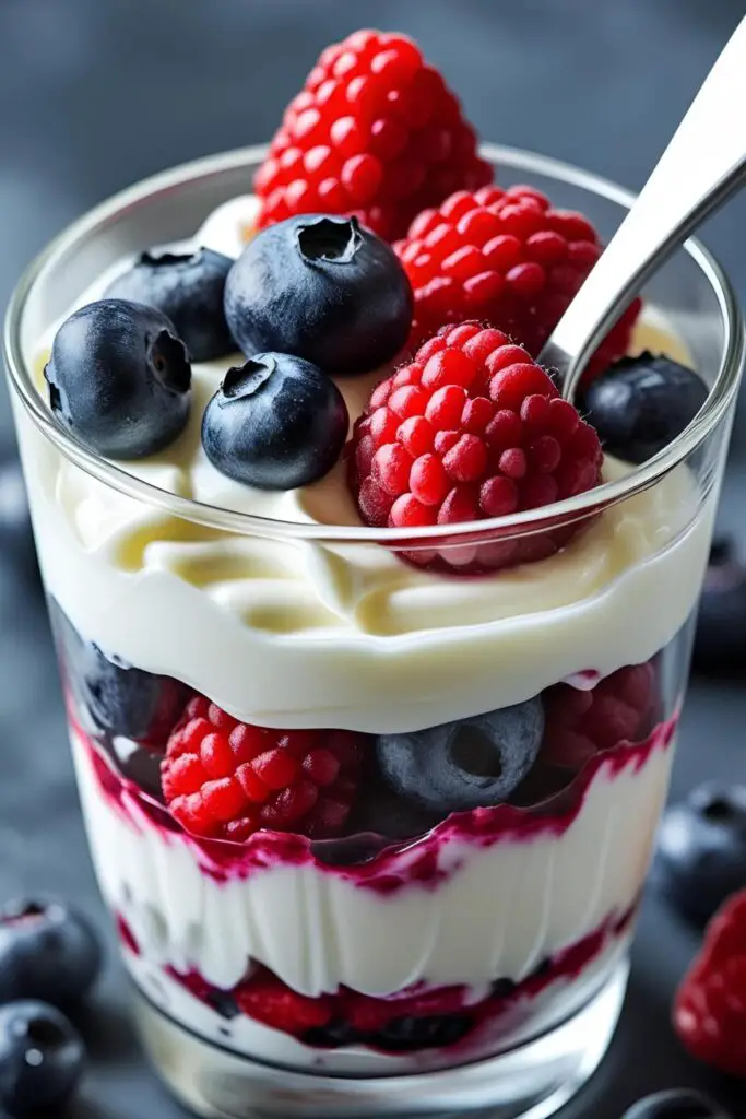 Joyful parfait glass filled with layers of yogurt, berries, cookie crumbs, topped with nuts for a fun party treat